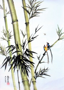 Bambous verts, deux oiseaux et insecte